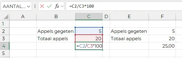 De basisformule voor het berekenen van percentages in Excel