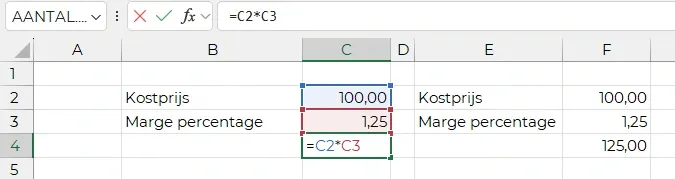 Verkoopprijs berekenen met marge op kostprijs in Excel