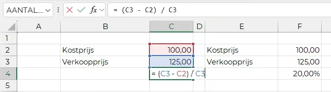 Marge berekenen tussen inkoopprijs en verkoopprijs in Excel