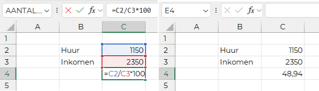 maandelijks inkomen aan huur in percentage excel