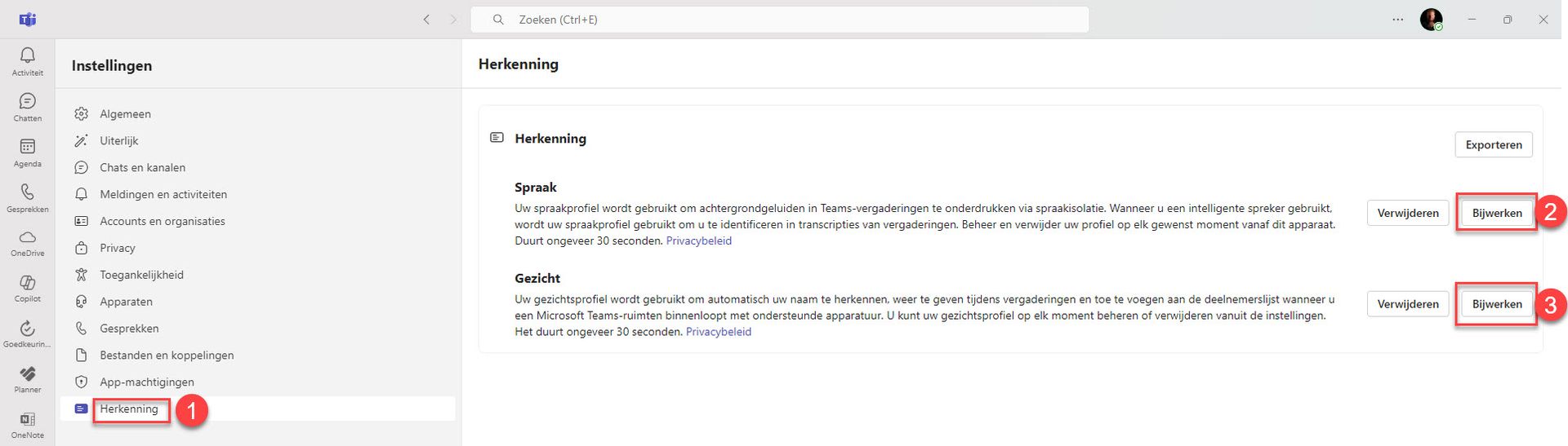 Spraak en gezicht herkenning Microsoft Teams