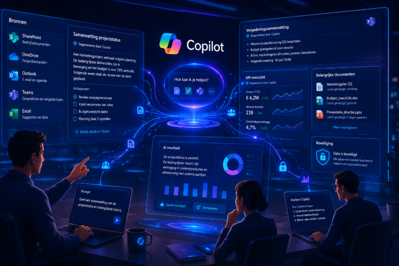 Futuristisch kantoor met Copilot-dashboard